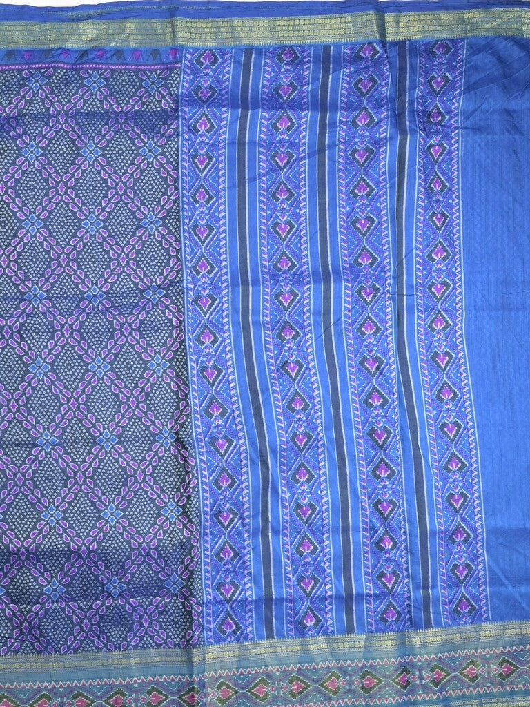 Ikkath fancy saree in navy blue color allover design with zari border & ikkath pallu and plain blouse