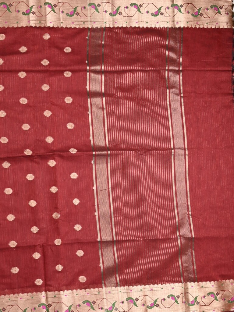 Chanderi fancy saree maroon color allover zari motifs & zari border with zari pallu and self blouse