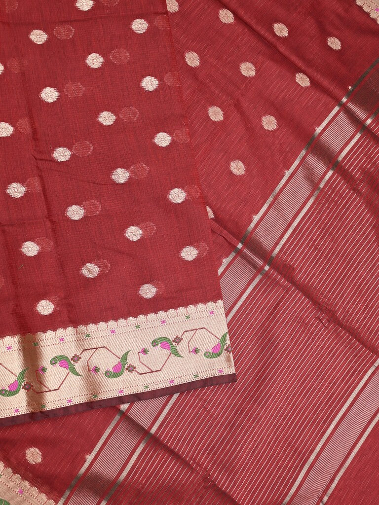 Chanderi fancy saree maroon color allover zari motifs & zari border with zari pallu and self blouse