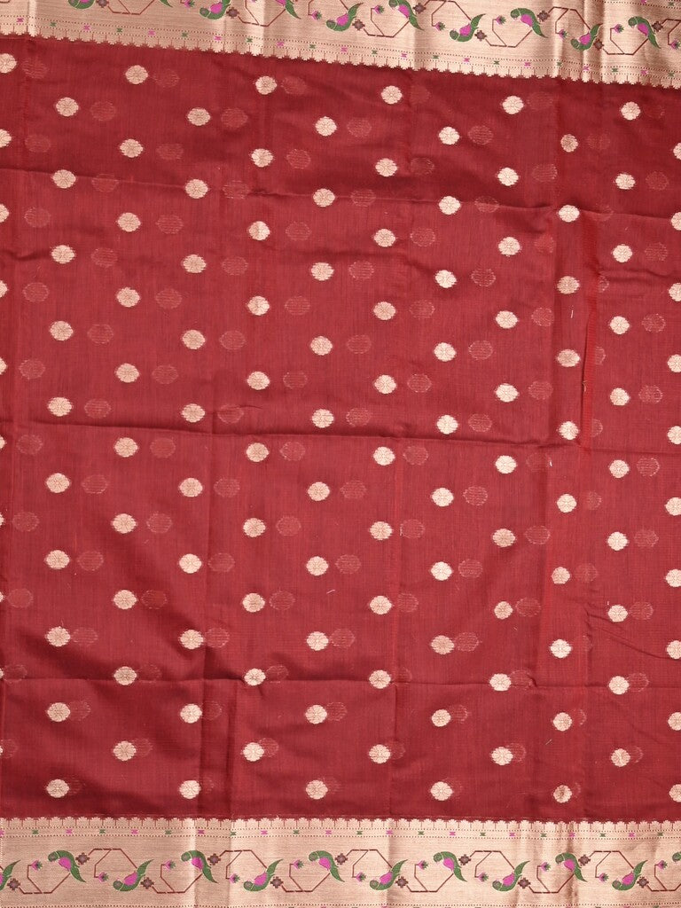 Chanderi fancy saree maroon color allover zari motifs & zari border with zari pallu and self blouse