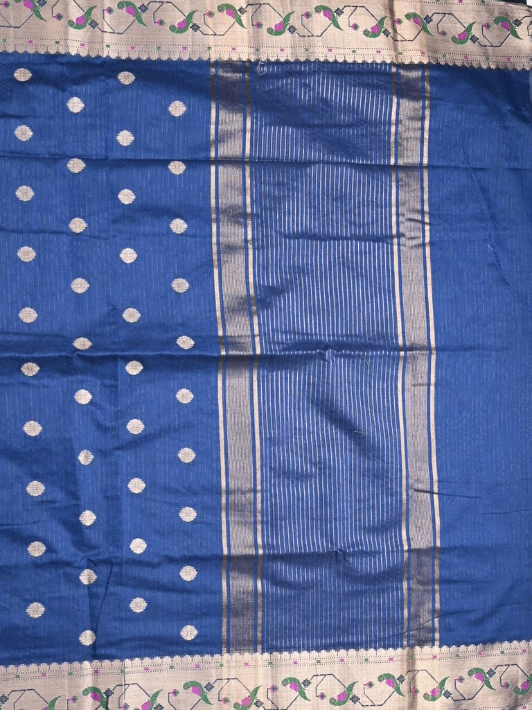Chanderi fancy saree royal blue color allover zari motifs & zari border with zari pallu and self blouse