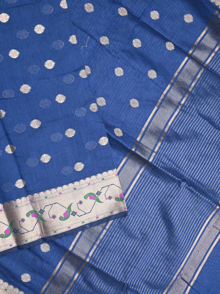 Chanderi fancy saree royal blue color allover zari motifs & zari border with zari pallu and self blouse