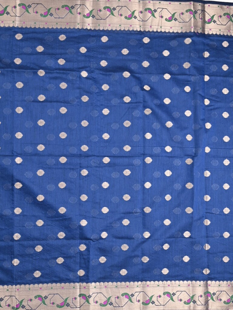 Chanderi fancy saree royal blue color allover zari motifs & zari border with zari pallu and self blouse