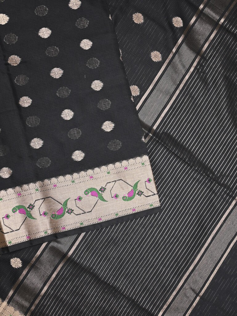 Chanderi fancy saree black color allover zari motifs & zari border with zari pallu and self blouse