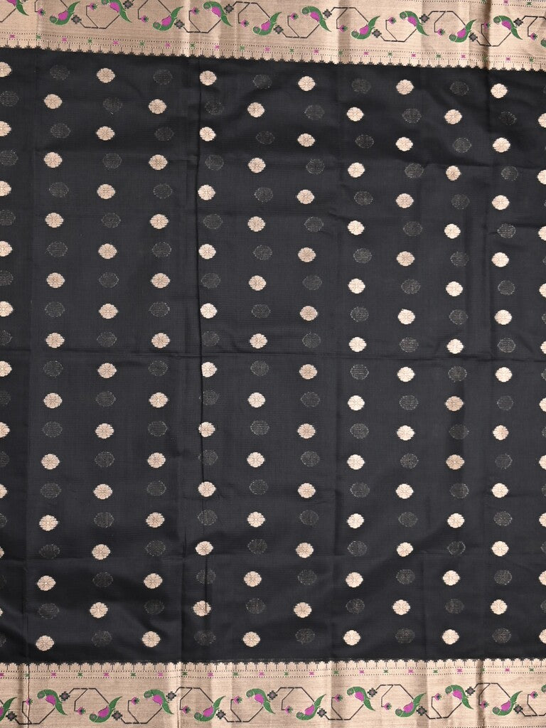 Chanderi fancy saree black color allover zari motifs & zari border with zari pallu and self blouse