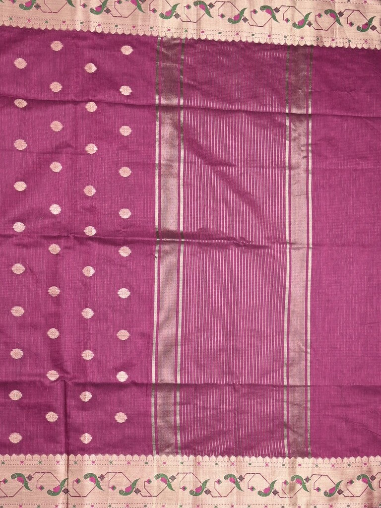 Chanderi fancy saree magenta color allover zari motifs & zari border with zari pallu and self blouse