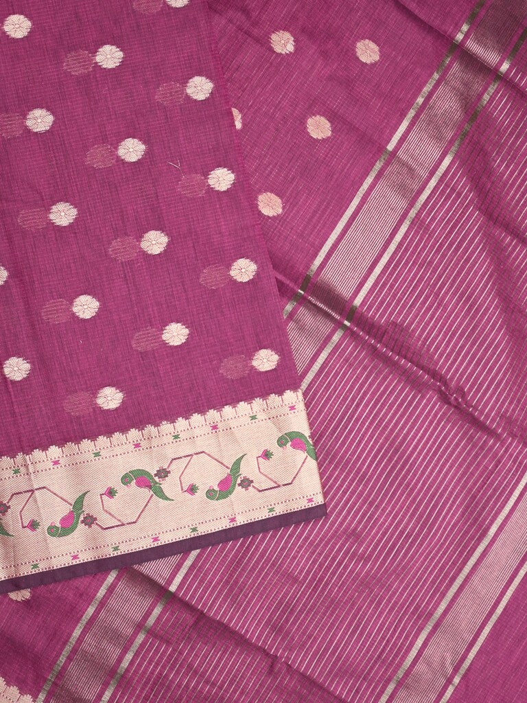 Chanderi fancy saree magenta color allover zari motifs & zari border with zari pallu and self blouse