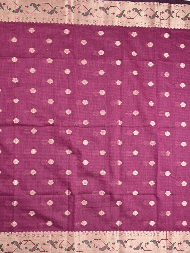 Chanderi fancy saree magenta color allover zari motifs & zari border with zari pallu and self blouse