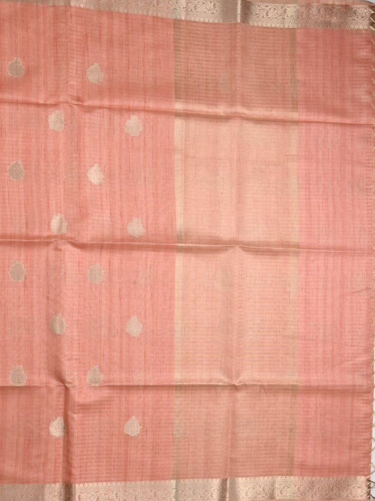 Tussar fancy saree peach color allover zari motifs & zari border with zari pallu and plain blouse