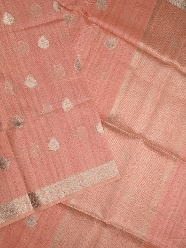 Tussar fancy saree peach color allover zari motifs & zari border with zari pallu and plain blouse