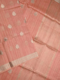 Tussar fancy saree peach color allover zari motifs & zari border with zari pallu and plain blouse
