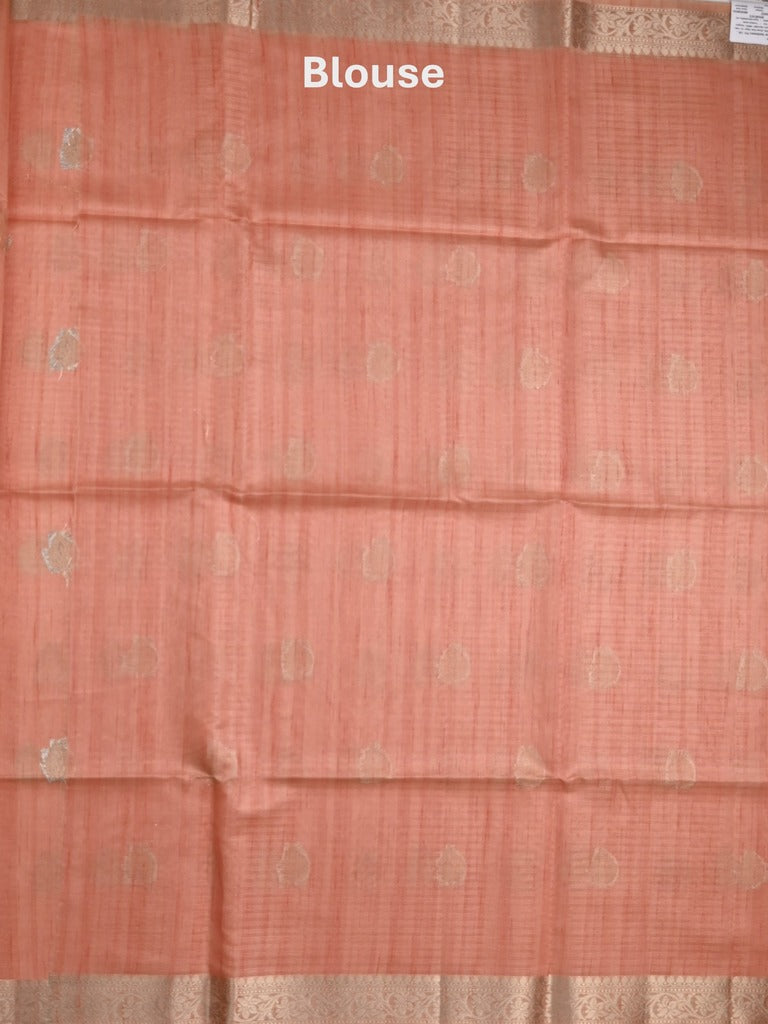 Tussar fancy saree peach color allover zari motifs & zari border with zari pallu and plain blouse