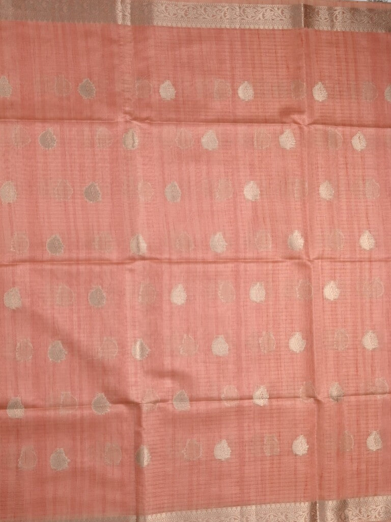 Tussar fancy saree peach color allover zari motifs & zari border with zari pallu and plain blouse