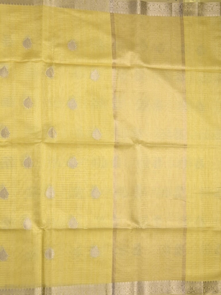 Tussar fancy saree light yellow color allover zari motifs & zari border with zari pallu and plain blouse