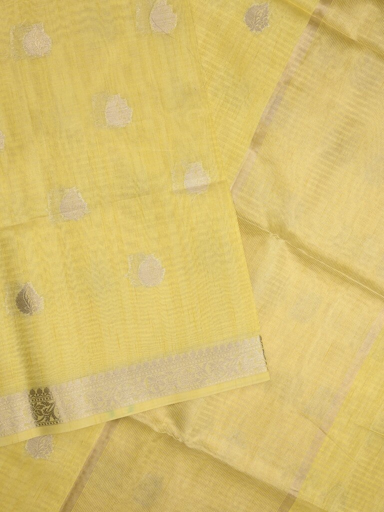 Tussar fancy saree light yellow color allover zari motifs & zari border with zari pallu and plain blouse