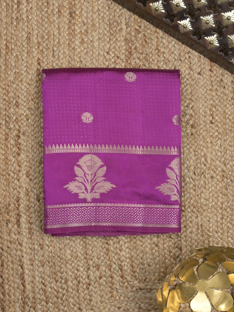Dupion fancy saree in violet color allover zari motifs & zari border with zari pallu and attached blouse