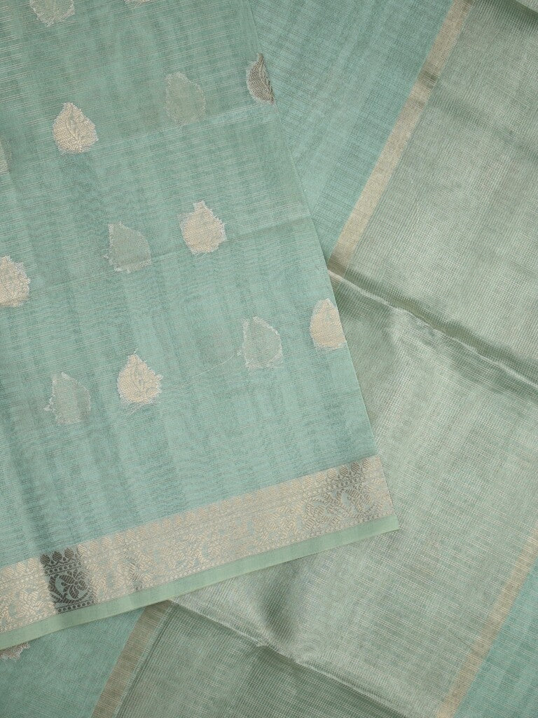 Tussar fancy saree lux green color allover zari motifs & zari border with zari pallu and plain blouse