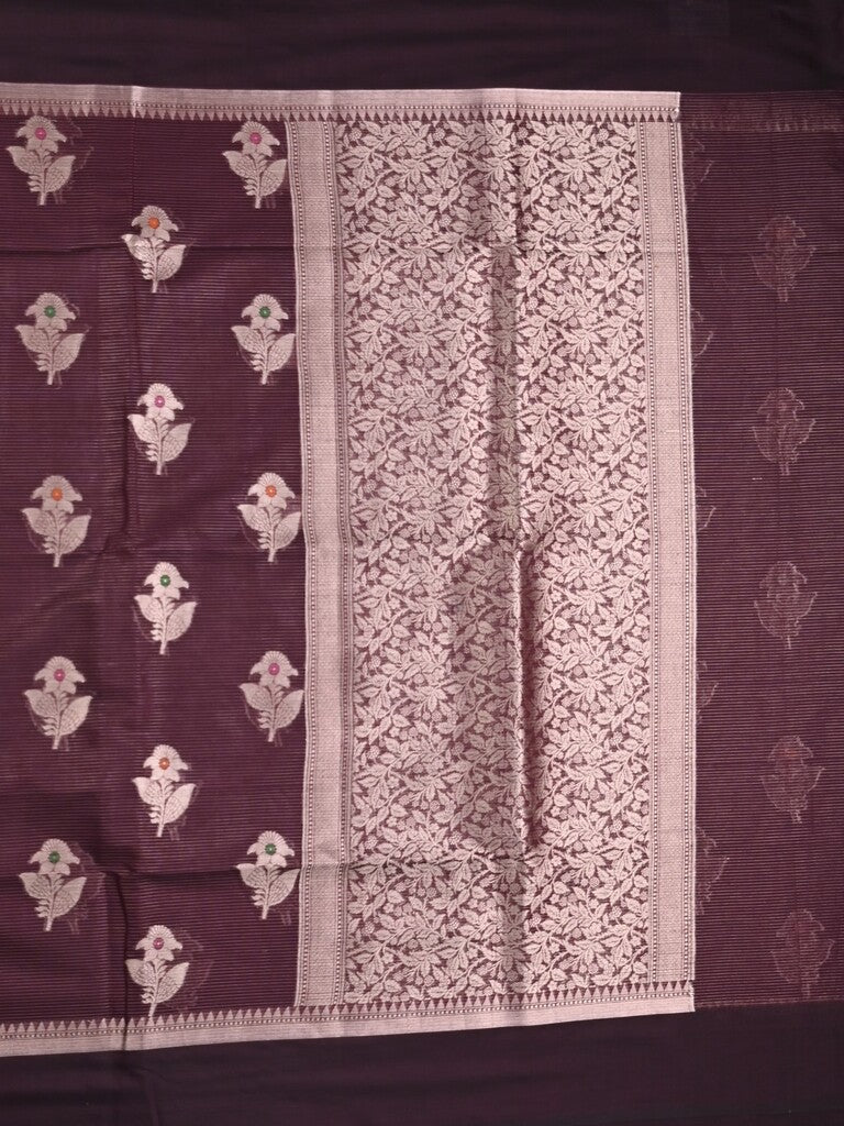 Chanderi fancy saree dark maroon color allover zari motifs & zari border with zari pallu and brocade blouse