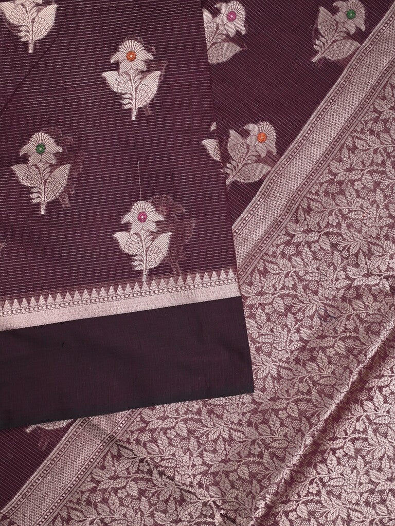 Chanderi fancy saree dark maroon color allover zari motifs & zari border with zari pallu and brocade blouse