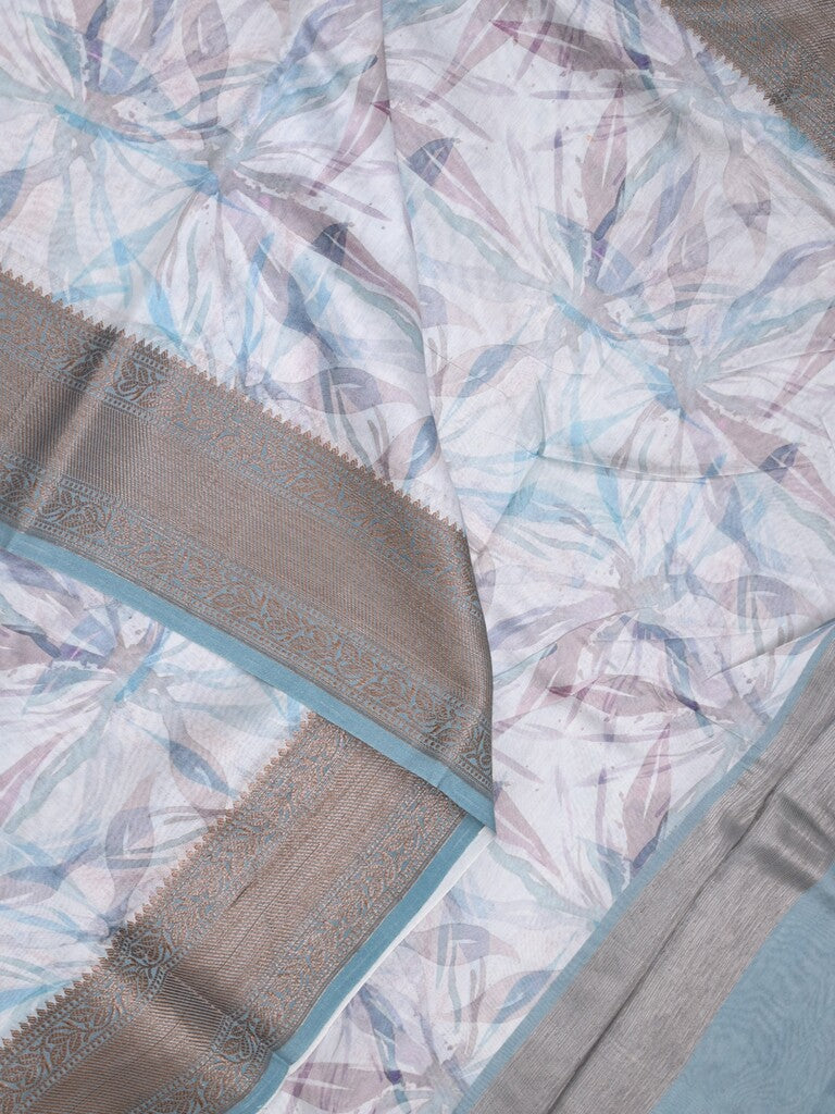 Maheshwari fancy saree pastel blue color allover prints & zari border with short zari pallu and attached printed blouse