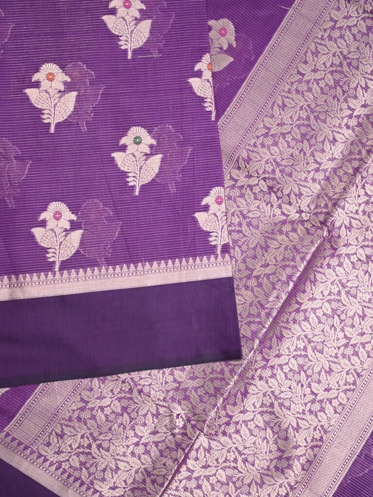 Chanderi fancy saree violet color allover zari motifs & zari border with zari pallu and brocade blouse