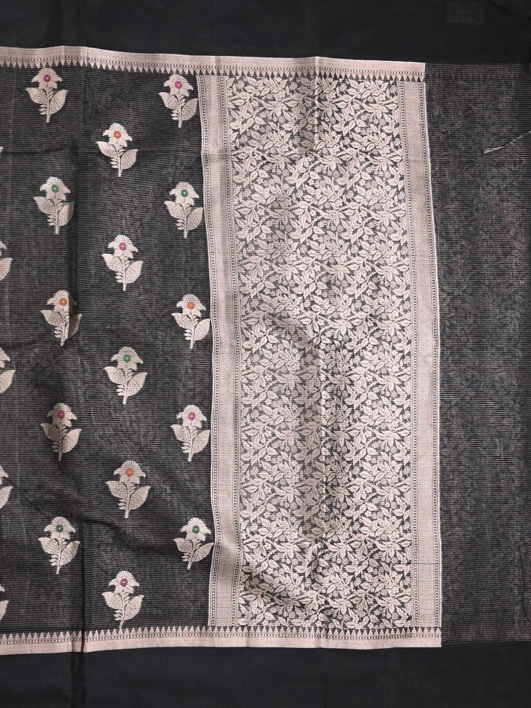 Chanderi fancy saree black color allover zari motifs & zari border with zari pallu and brocade blouse
