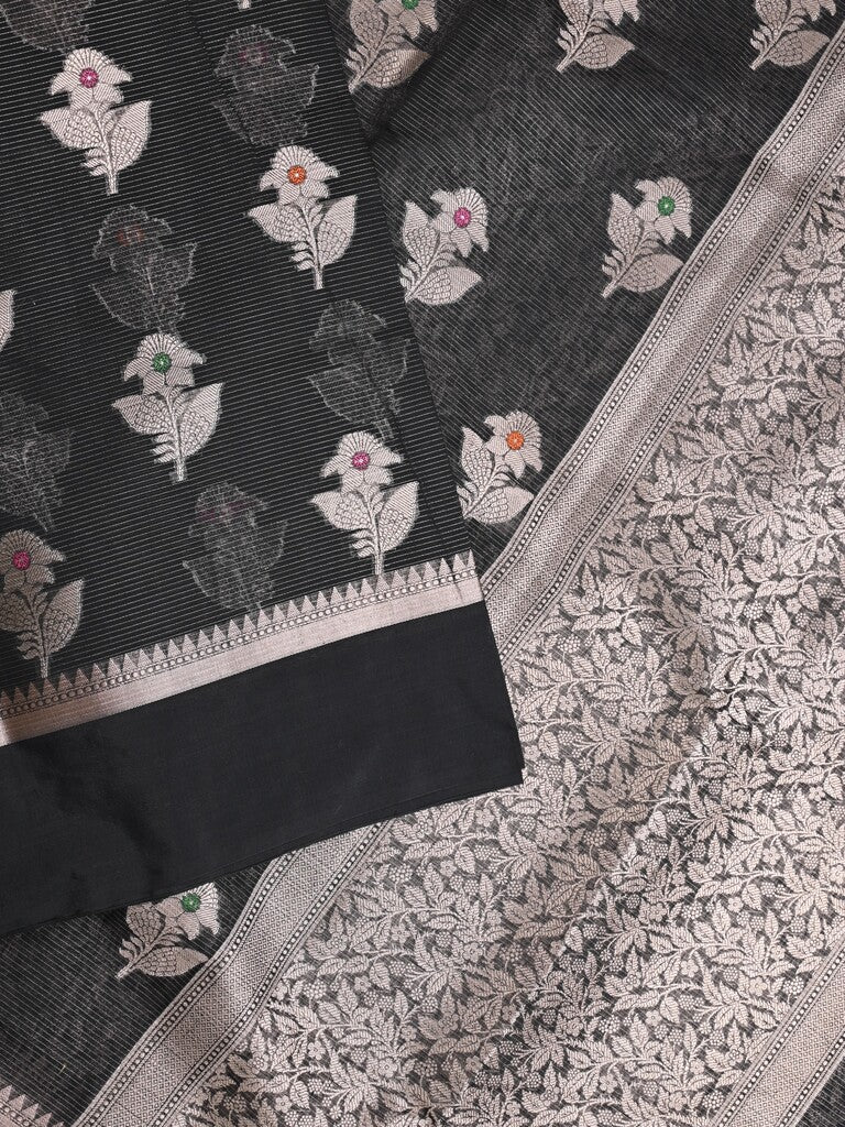 Chanderi fancy saree black color allover zari motifs & zari border with zari pallu and brocade blouse