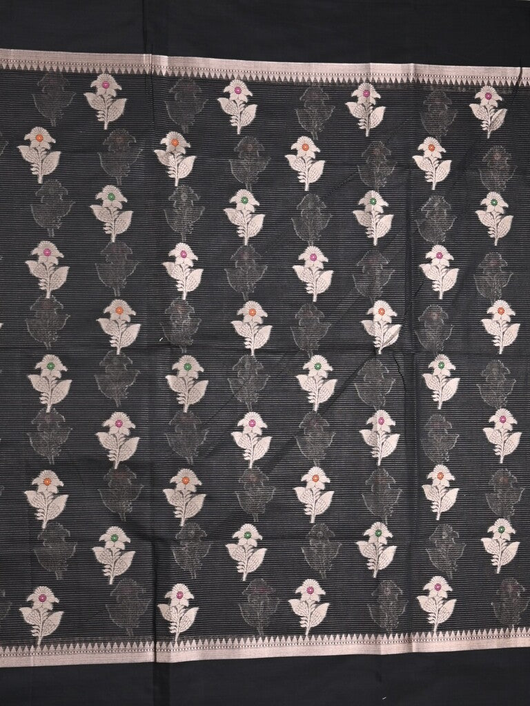 Chanderi fancy saree black color allover zari motifs & zari border with zari pallu and brocade blouse