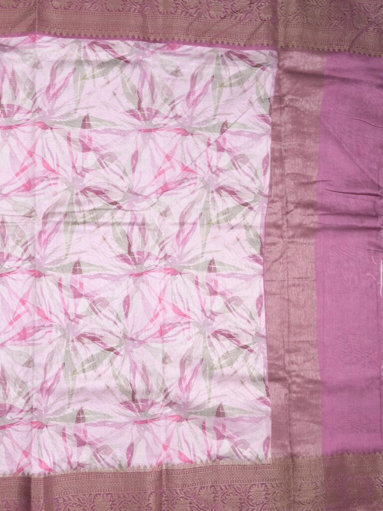 Maheshwari fancy saree pastel light purple color allover prints & zari border with short zari pallu and attached printed blouse
