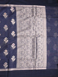 Chanderi fancy saree navy blue color allover zari motifs & zari border with zari pallu and brocade blouse