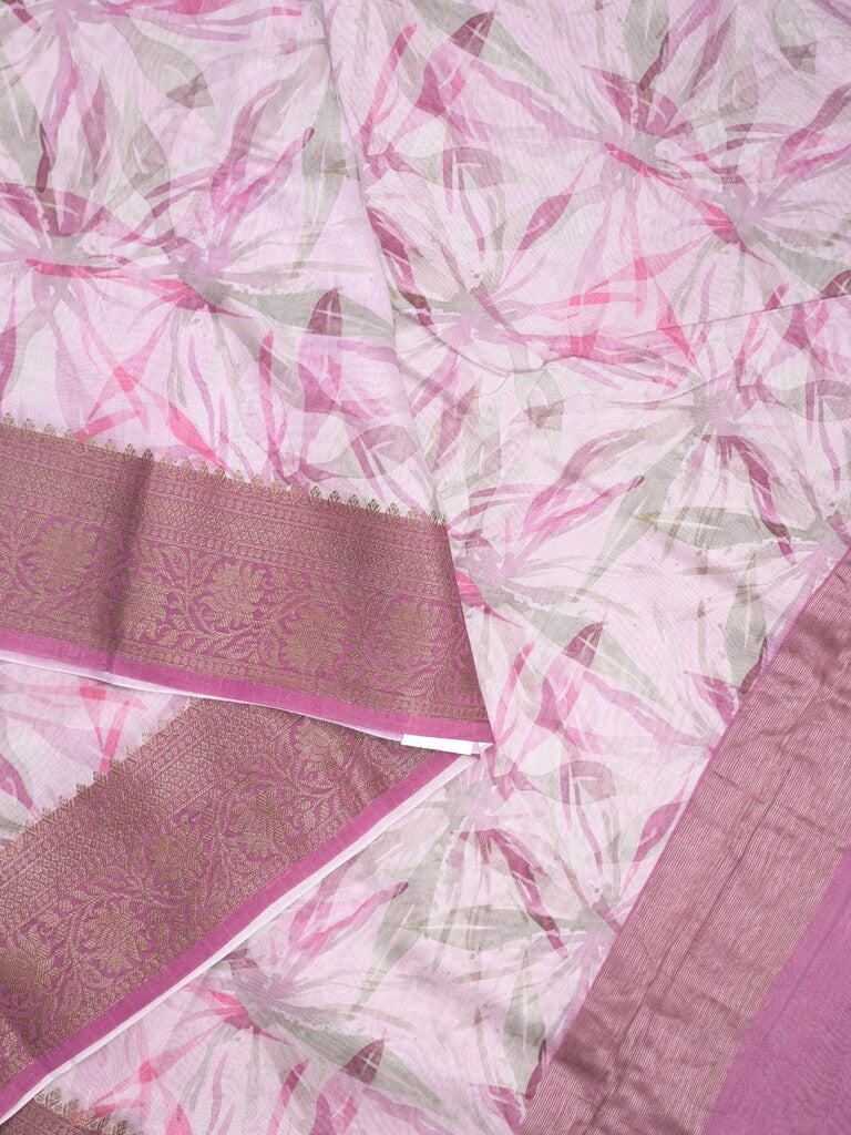 Maheshwari fancy saree pastel light purple color allover prints & zari border with short zari pallu and attached printed blouse