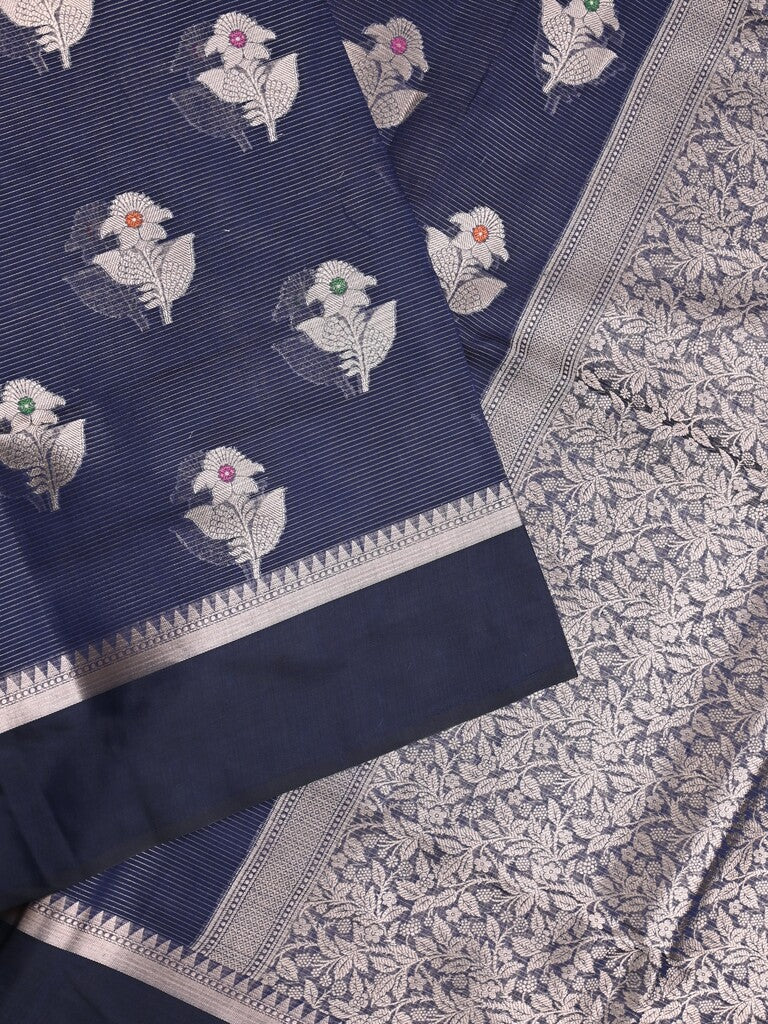 Chanderi fancy saree navy blue color allover zari motifs & zari border with zari pallu and brocade blouse