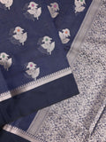 Chanderi fancy saree navy blue color allover zari motifs & zari border with zari pallu and brocade blouse