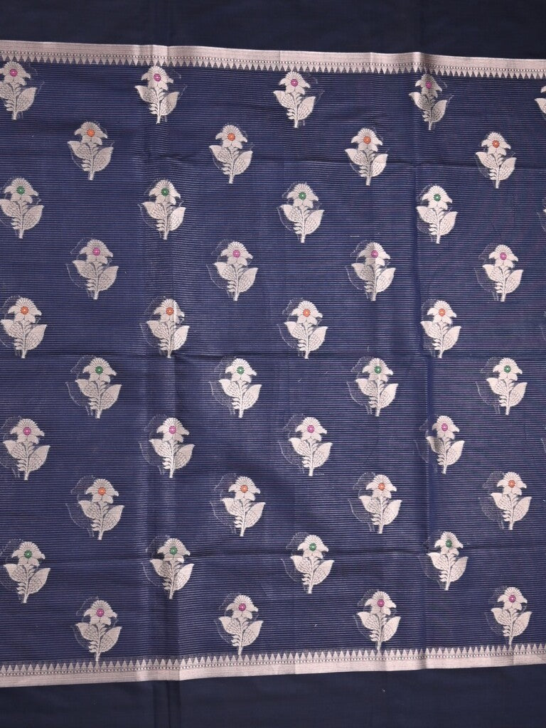 Chanderi fancy saree navy blue color allover zari motifs & zari border with zari pallu and brocade blouse