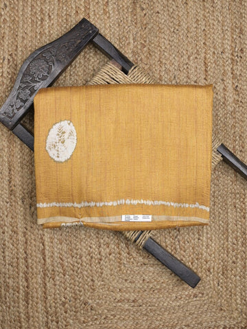 Jute tussar fancy saree in golden yellow color allover prints with printed pallu and attached blouse