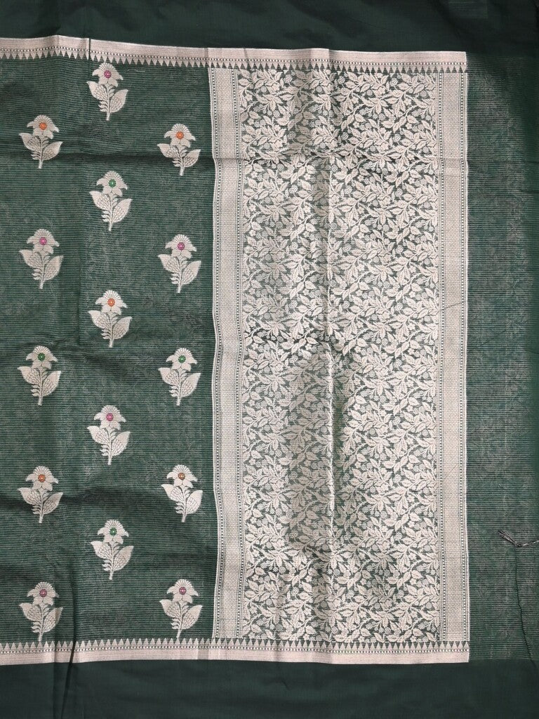 Chanderi fancy saree dark green color allover zari motifs & zari border with zari pallu and brocade blouse
