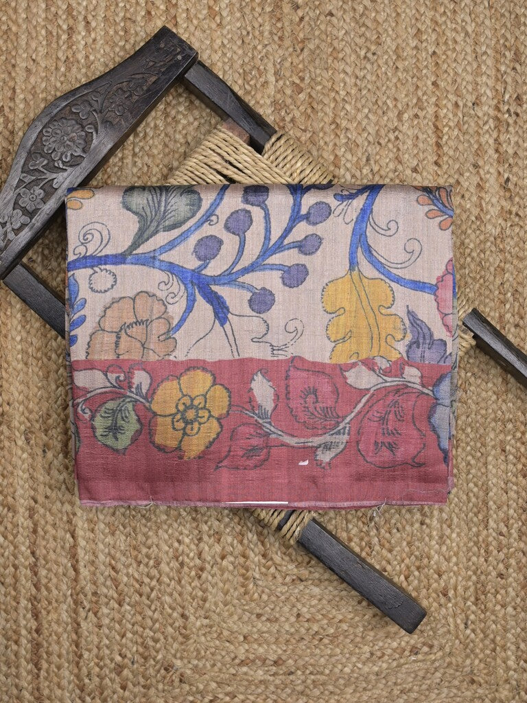 Jute tussar fancy saree in cream color allover prints with printed pallu and attached blouse