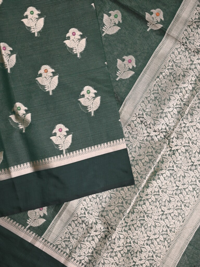 Chanderi fancy saree dark green color allover zari motifs & zari border with zari pallu and brocade blouse