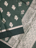 Chanderi fancy saree dark green color allover zari motifs & zari border with zari pallu and brocade blouse