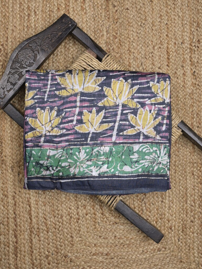 Jute tussar fancy saree in navy blue and pink color allover prints with printed pallu and attached blouse