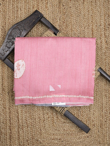 Jute tussar fancy saree in baby pink color allover prints with printed pallu and attached blouse