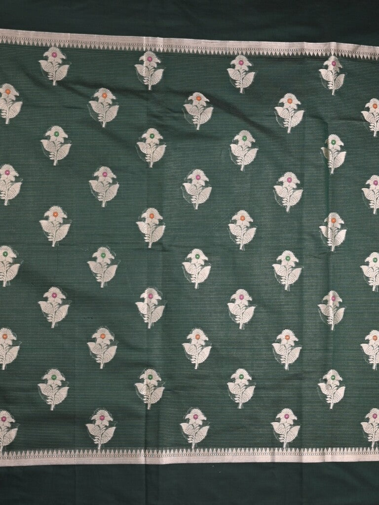 Chanderi fancy saree dark green color allover zari motifs & zari border with zari pallu and brocade blouse