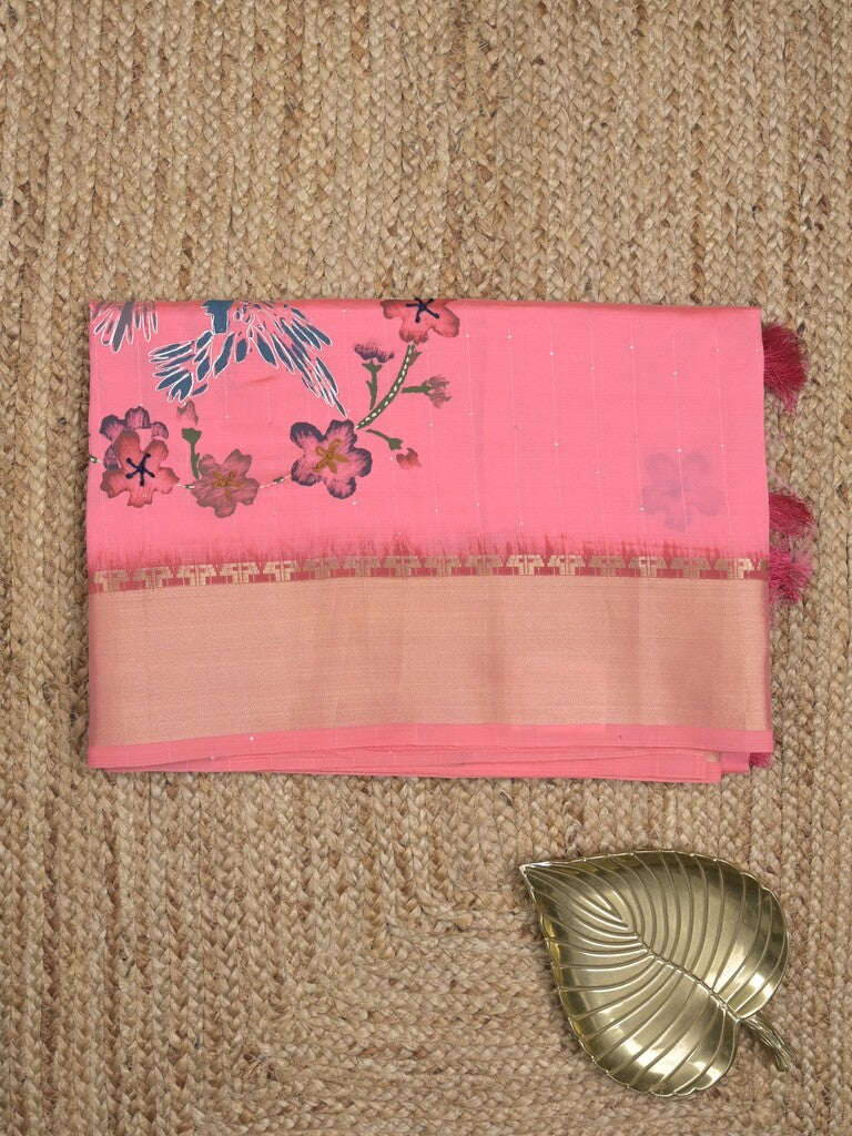 Tussar fancy saree in pink color allover prints, embroidery & zari border with short zari pallu and blouse