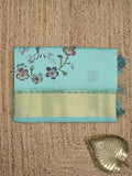 Tussar fancy saree in sky blue color allover prints, embroidery & zari border with short zari pallu and blouse