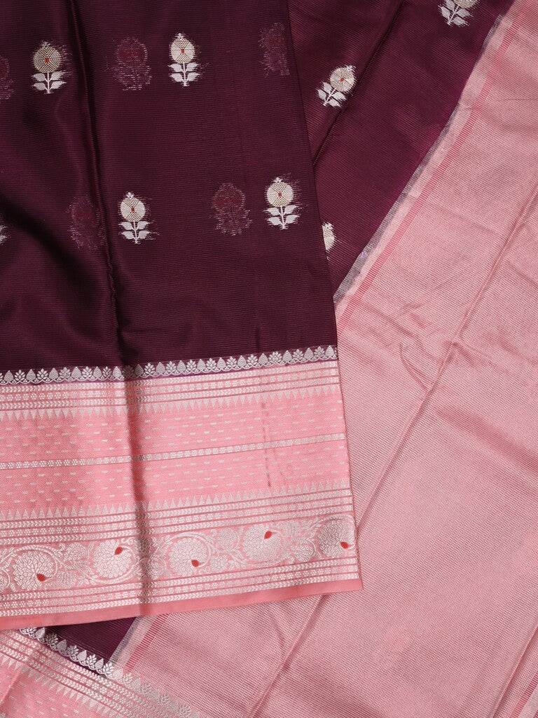 Mangalagiri fancy saree dark wine color allover zari motifs & zari border with zari pallu and contrast blouse