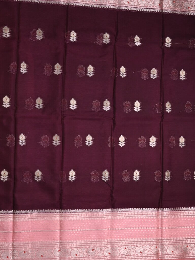 Mangalagiri fancy saree dark wine color allover zari motifs & zari border with zari pallu and contrast blouse