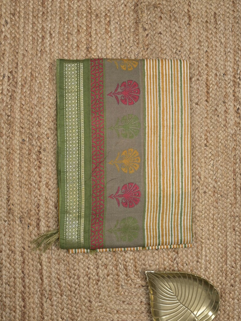 Tussar fancy saree in cream color allover stripes & zari border with contrast pallu and blouse