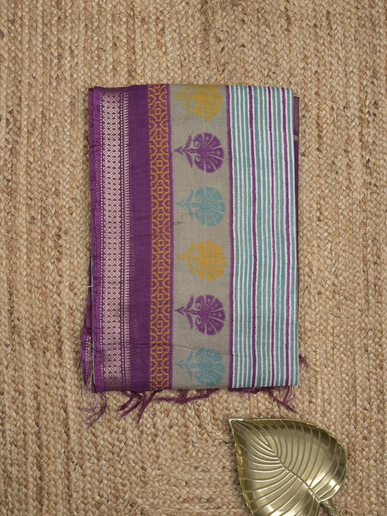 Tussar fancy saree in bluish grey color allover stripes & zari border with contrast pallu and blouse