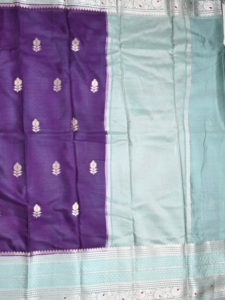 Mangalagiri fancy saree dark blue color allover zari motifs & zari border with zari pallu and contrast blouse