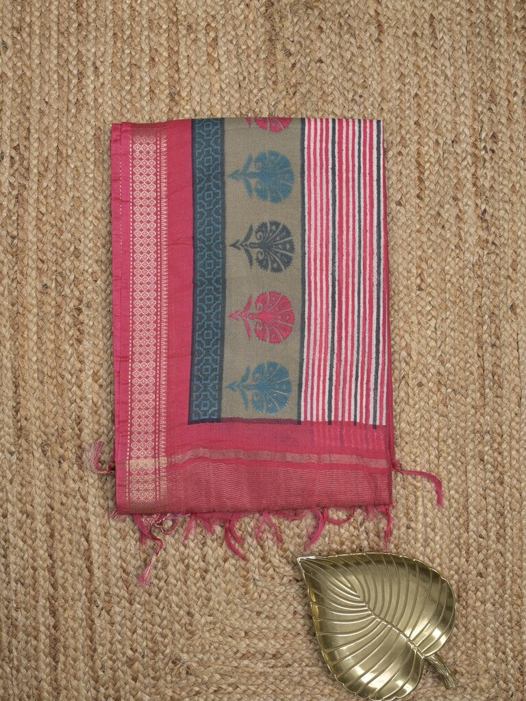 Tussar fancy saree in baby pink color allover stripes & zari border with contrast pallu and blouse